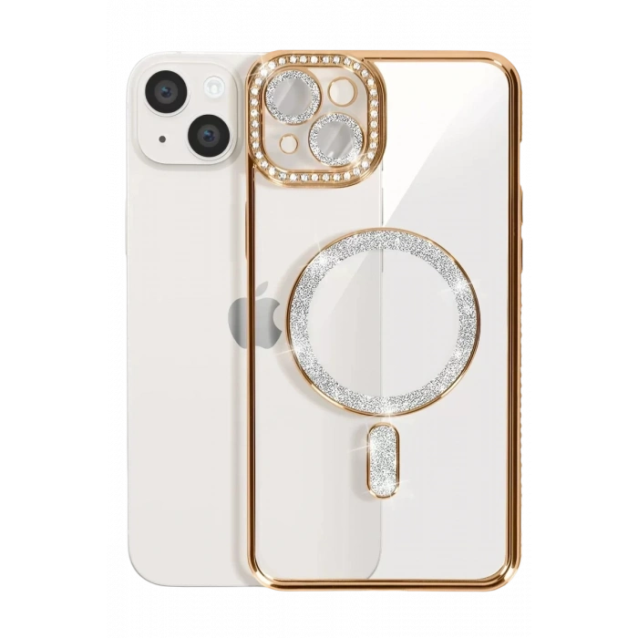 Apple iPhone 14 Kılıf Joke Simli Magneticsafe Kılıf - Gold