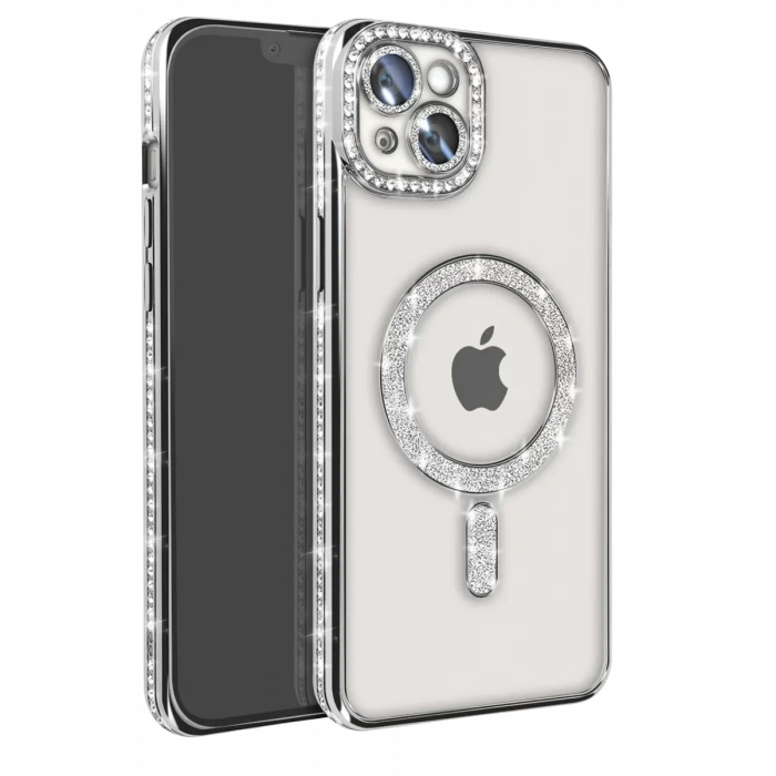 Apple iPhone 14 Kılıf Joke Simli Magneticsafe Kılıf - Gümüş