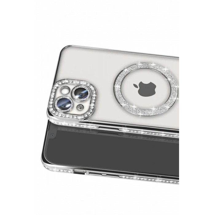 Apple iPhone 14 Kılıf Joke Simli Magneticsafe Kılıf - Gümüş