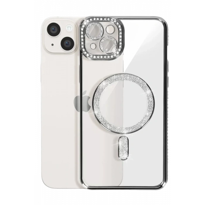 Apple iPhone 14 Kılıf Joke Simli Magneticsafe Kılıf - Gümüş