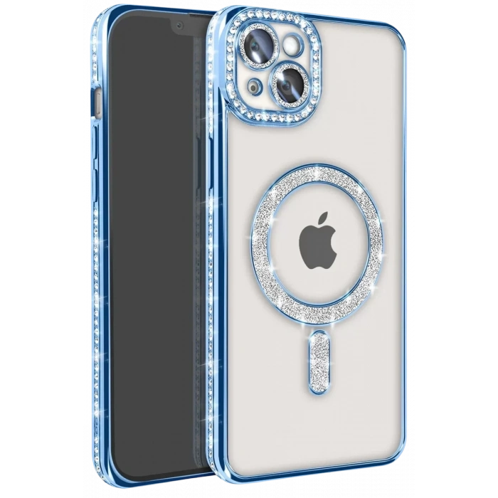Apple iPhone 14 Kılıf Joke Simli Magneticsafe Kılıf - Mavi