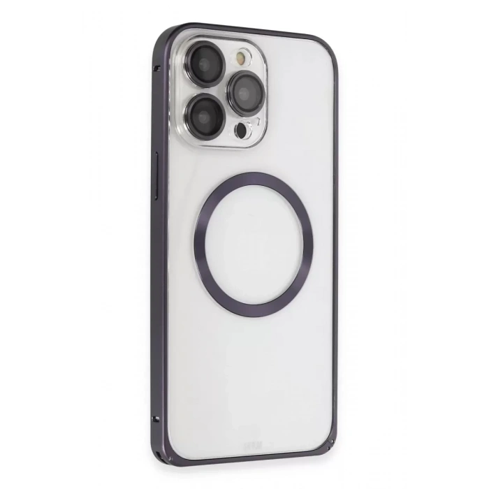 Apple iPhone 14 Pro Kılıf Metal Bumper Magneticsafe Kapak - Derin Mor
