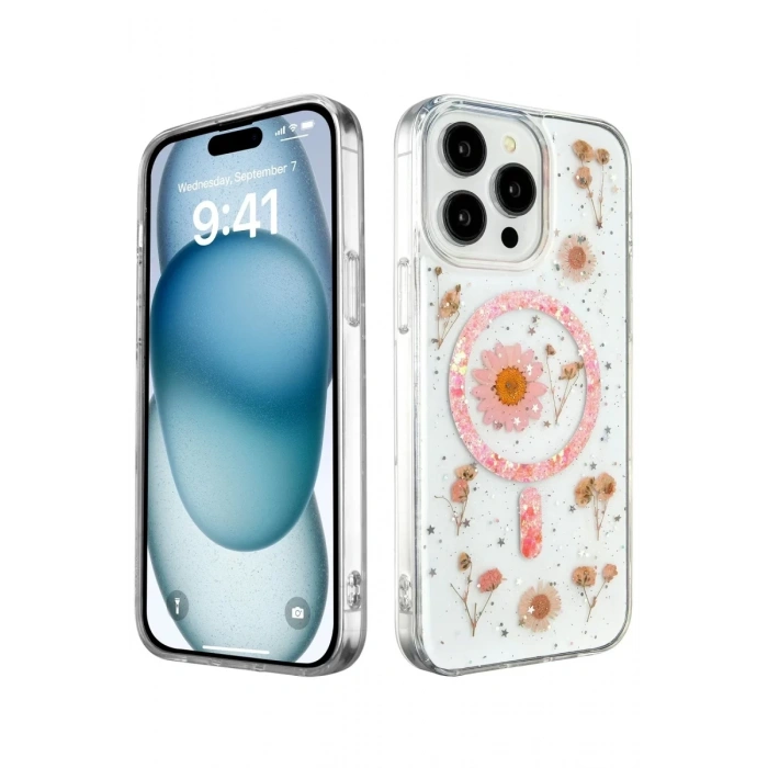 Apple iPhone 14 Pro Max Kılıf Daisy Simli Magsafe Kapak - Pembe