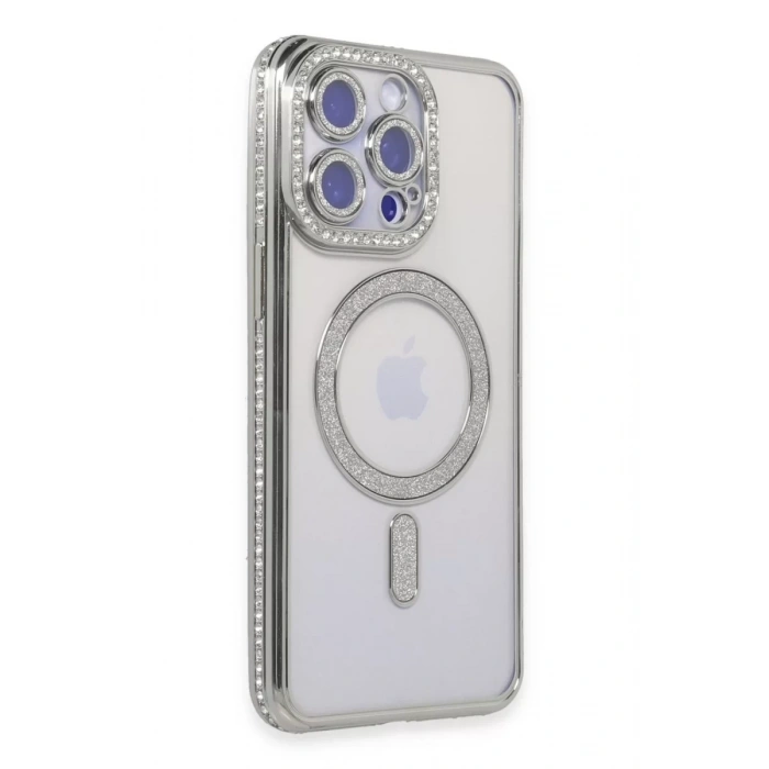 Apple iPhone 14 Pro Max Kılıf Joke Simli Magneticsafe Kılıf - Gümüş