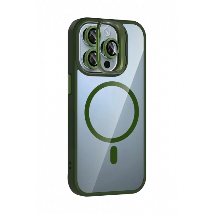 Apple iPhone 14 Pro Max Remim Lensli Magsafe Standlı Kapak - Koyu Yeşil