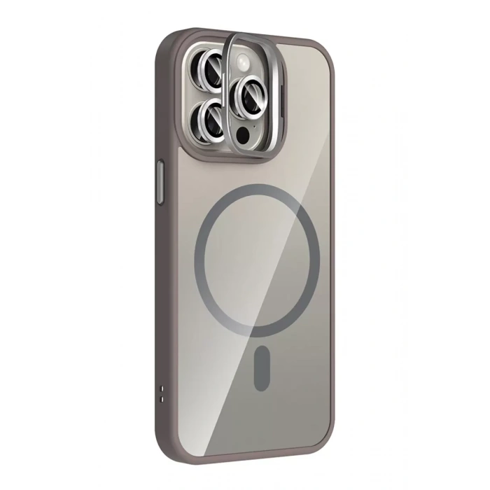 Apple iPhone 14 Pro Max Remim Lensli Magsafe Standlı Kapak - Titan Gri