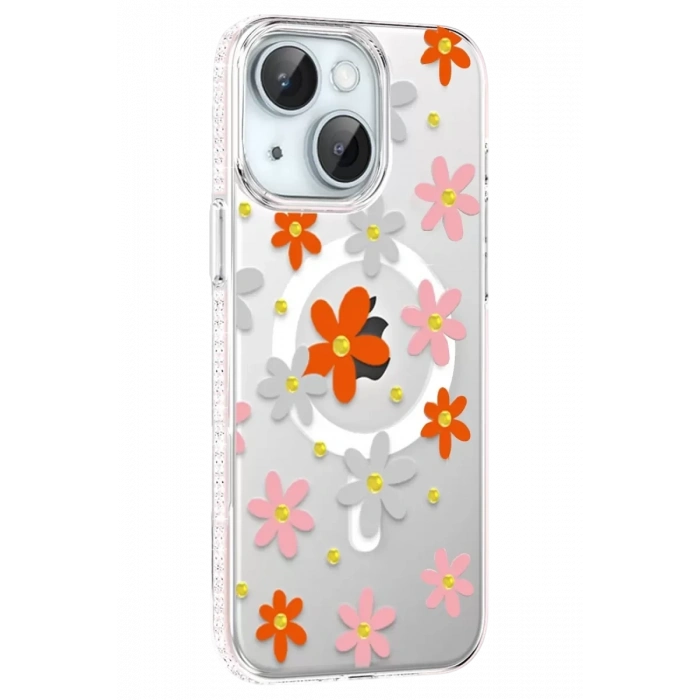 Apple iPhone 15 Floral Magsafe Kapak - Turuncu