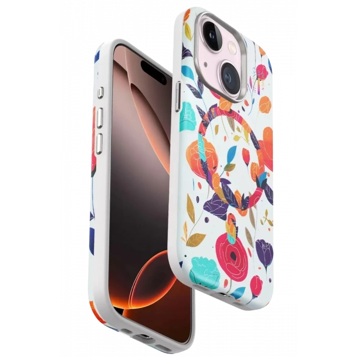 Apple iPhone 15 Plus Flower Series Magsafe Kapak - Beyaz