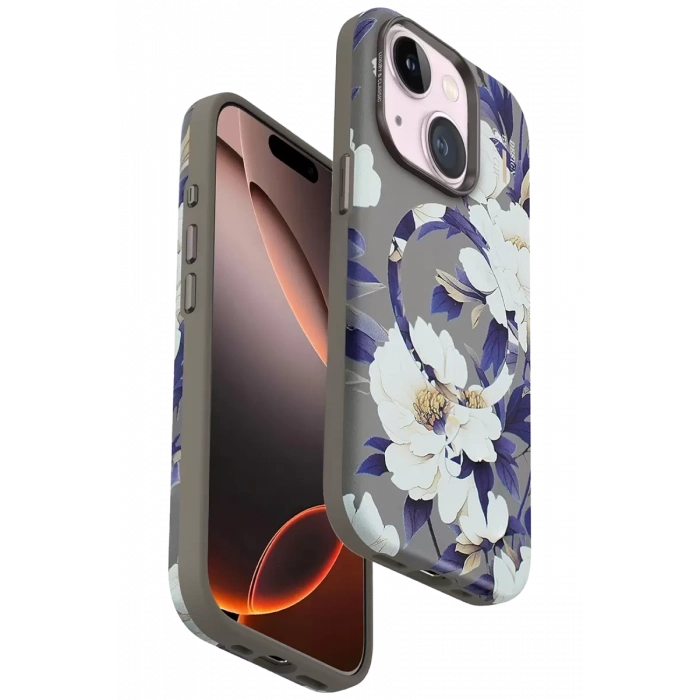 Apple iPhone 15 Plus Flower Series Magsafe Kapak - Gri