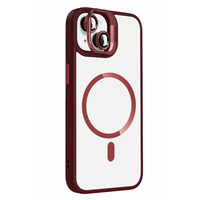 Apple iPhone 15 Plus Remim Lensli Magsafe Standlı Kapak - Bordo