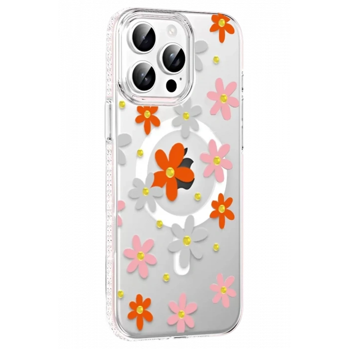 Apple iPhone 15 Pro Floral Magsafe Kapak - Turuncu