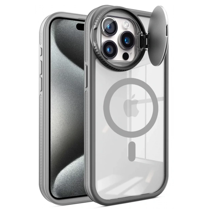 Apple iPhone 15 Pro Kılıf Teleskop Lens Magsafe Silikon Kapak - Titan Gri