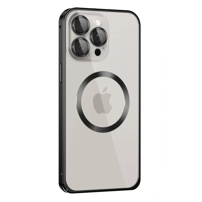 Apple iPhone 15 Pro Max Kılıf Metal Bumper Magneticsafe Kapak - Siyah