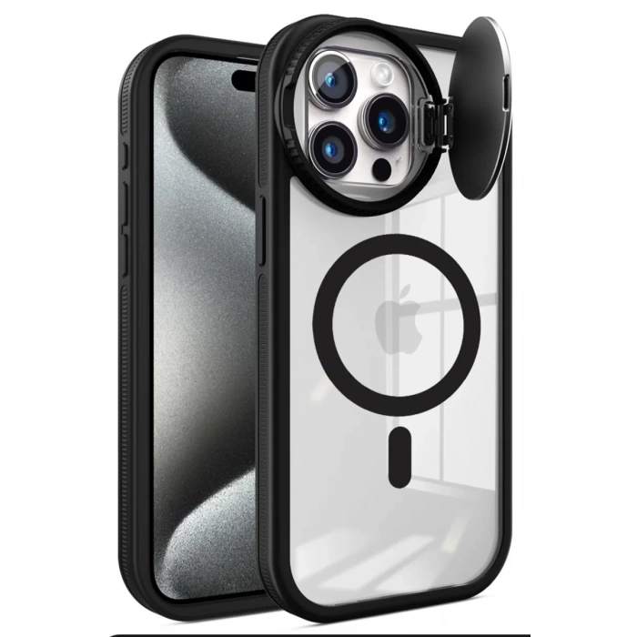 Apple iPhone 15 Pro Max Kılıf Teleskop Lens Magsafe Silikon Kapak - Siyah