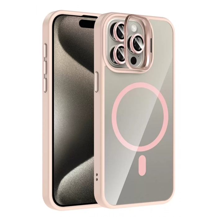 Apple iPhone 15 Pro Max Remim Lensli Magsafe Standlı Kapak - Pembe