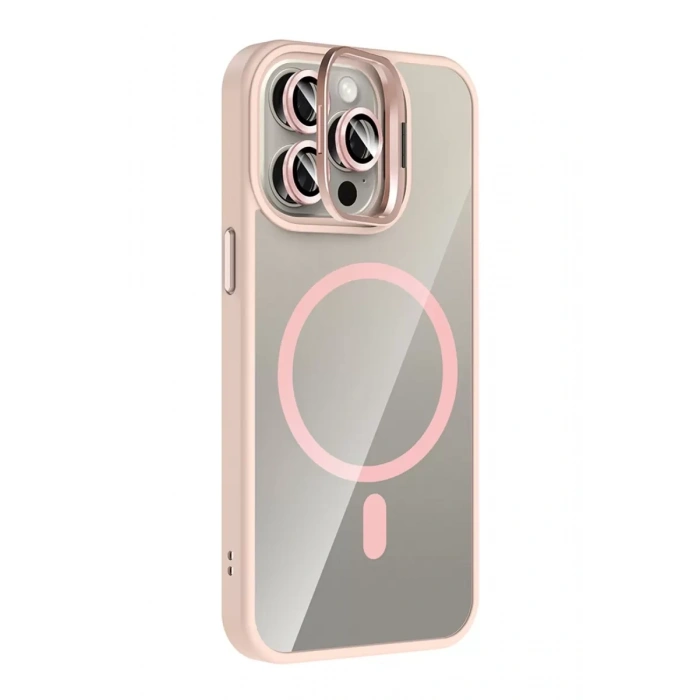 Apple iPhone 15 Pro Max Remim Lensli Magsafe Standlı Kapak - Pembe