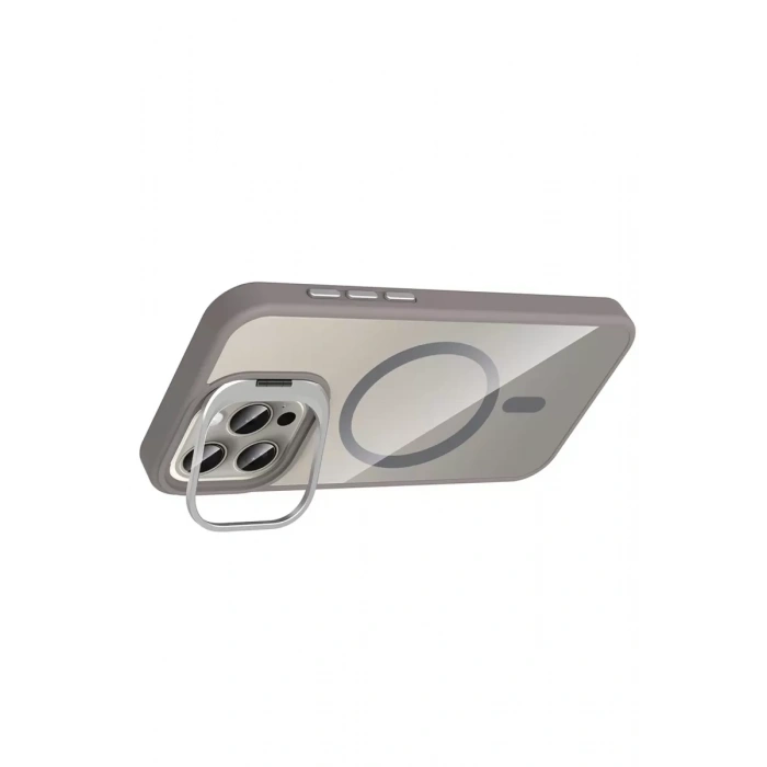 Apple iPhone 15 Pro Max Remim Lensli Magsafe Standlı Kapak - Titan Gri