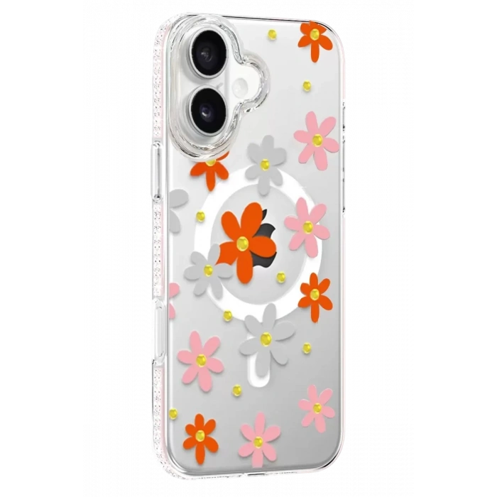 Apple iPhone 16 Floral Magsafe Kapak - Turuncu