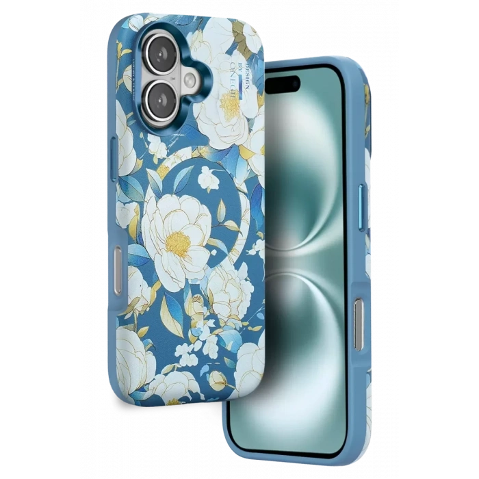 Apple iPhone 16 Flower Series Magsafe Kapak - Mavi
