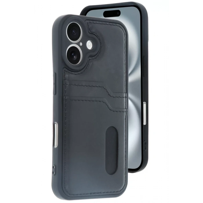Apple iPhone 16 Kılıf Sara Kartvizitli Deri Kılıf - Siyah