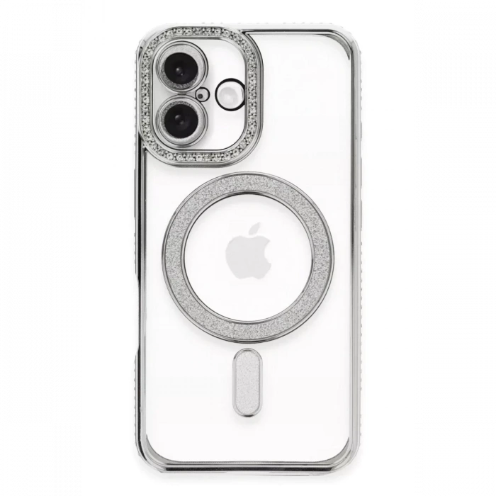 Apple iPhone 16 Plus Kılıf Joke Simli Magneticsafe Kılıf - Gümüş