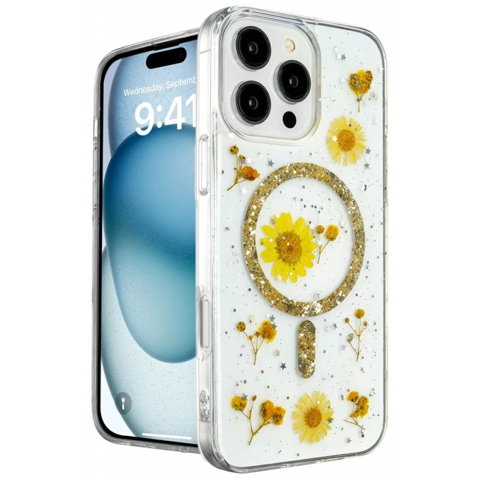 Apple iPhone 16 Pro Max Kılıf Daisy Simli Magsafe Kapak - Gold