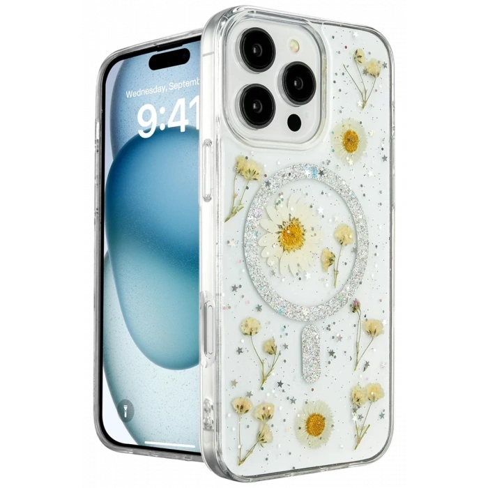 Apple iPhone 16 Pro Max Kılıf Daisy Simli Magsafe Kapak - Gümüş