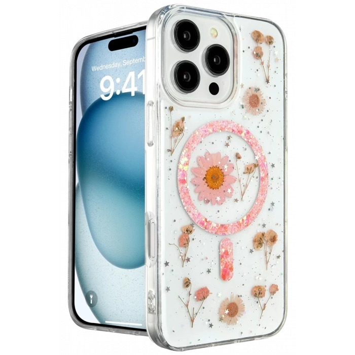 Apple iPhone 16 Pro Max Kılıf Daisy Simli Magsafe Kapak - Pembe