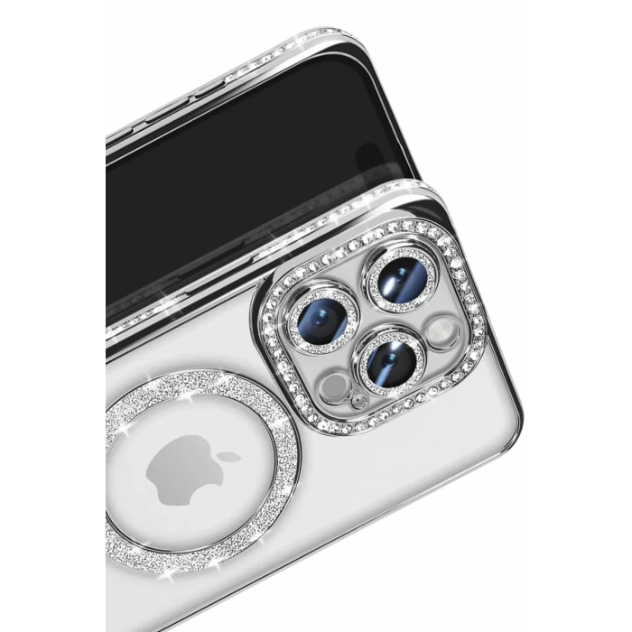 Apple iPhone 16 Pro Max Kılıf Joke Simli Magneticsafe Kılıf - Gümüş