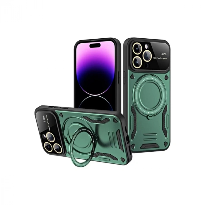 Apple iPhone 16 Pro Max Kılıf Joy Lens Standlı Kapak - Koyu Yeşil