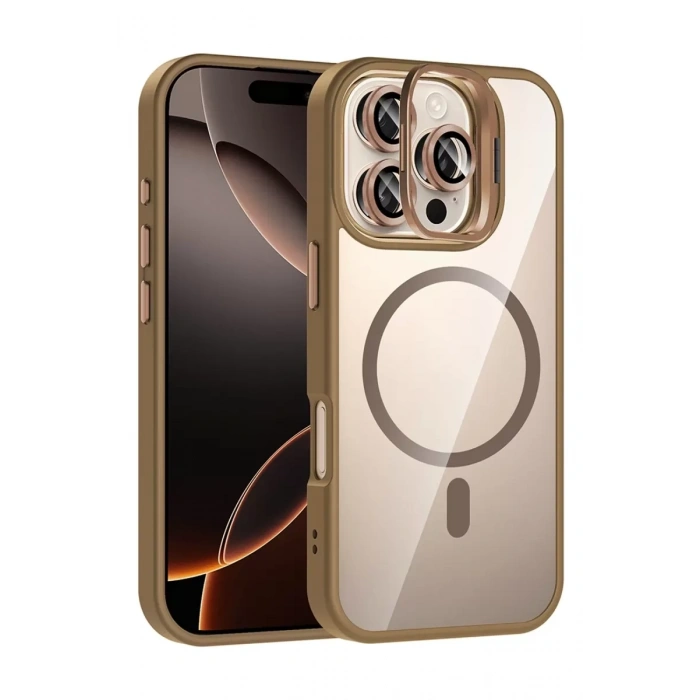 Apple iPhone 16 Pro Max Remim Lensli Magsafe Standlı Kapak - Kahverengi