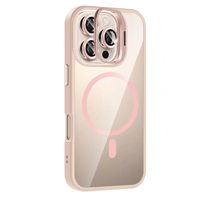 Apple iPhone 16 Pro Max Remim Lensli Magsafe Standlı Kapak - Pembe