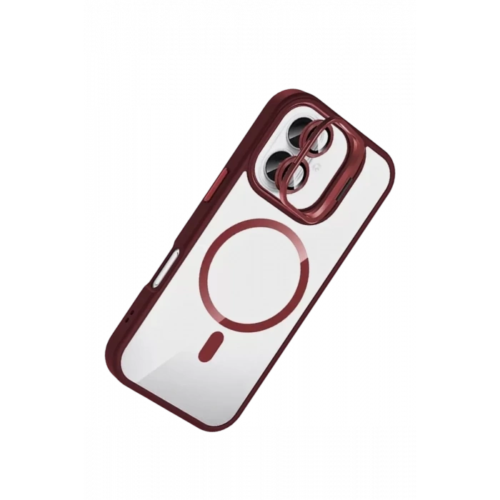 Apple iPhone 16 Remim Lensli Magsafe Standlı Kapak - Bordo