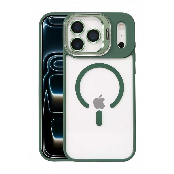 Apple iPhone 17 Pro Max Remim Lensli Magsafe Standlı Kapak - Koyu Yeşil