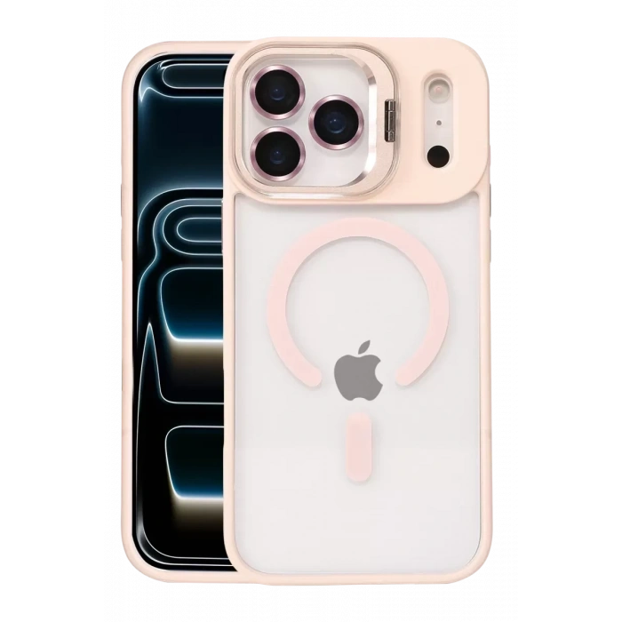 Apple iPhone 17 Pro Max Remim Lensli Magsafe Standlı Kapak - Pembe