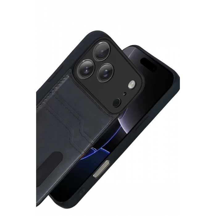Apple iPhone 17 Pro Max Sara Kartvizitli Deri Kılıf - Siyah