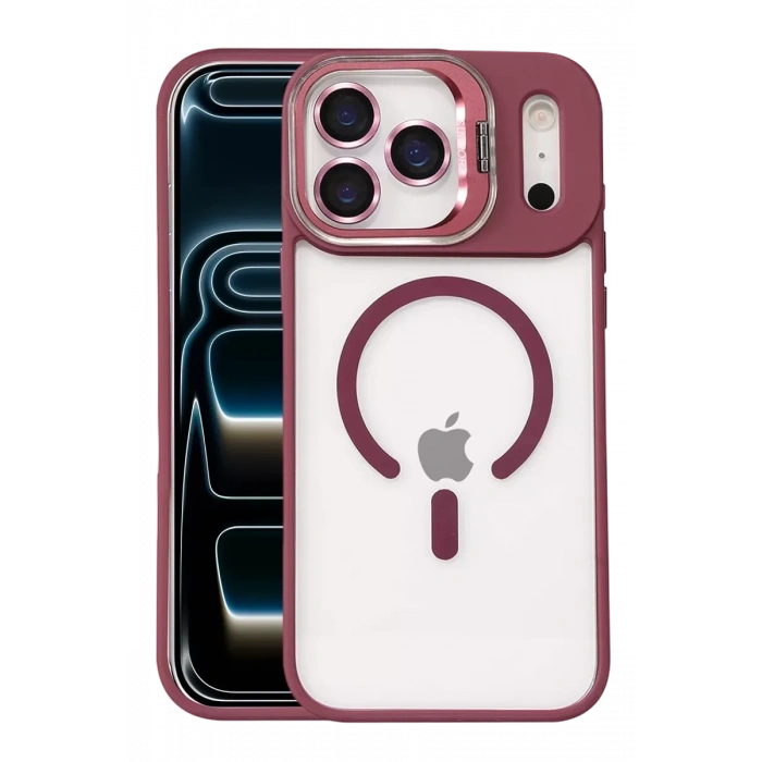 Apple iPhone 17 Pro Remim Lensli Magsafe Standlı Kapak - Bordo