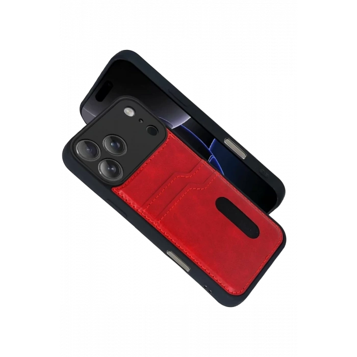 Apple iPhone 17 Pro Sara Kartvizitli Deri Kılıf - Kırmızı