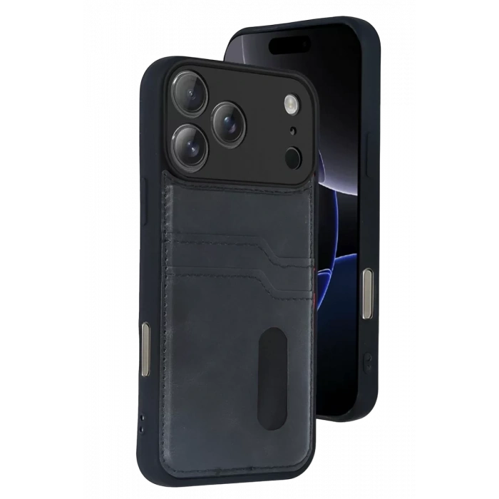 Apple iPhone 17 Pro Sara Kartvizitli Deri Kılıf - Siyah