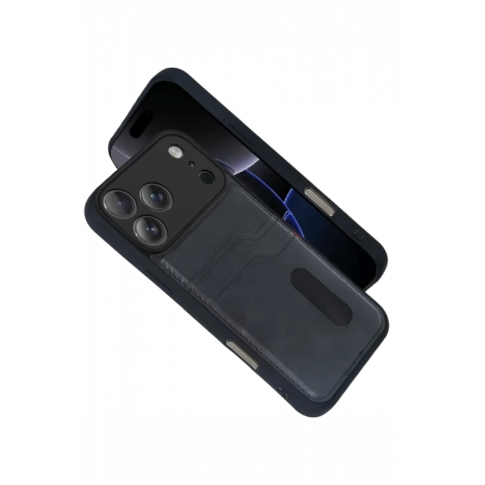 Apple iPhone 17 Pro Sara Kartvizitli Deri Kılıf - Siyah