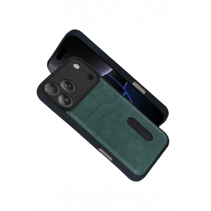 Apple iPhone 17 Pro Sara Kartvizitli Deri Kılıf - Yeşil