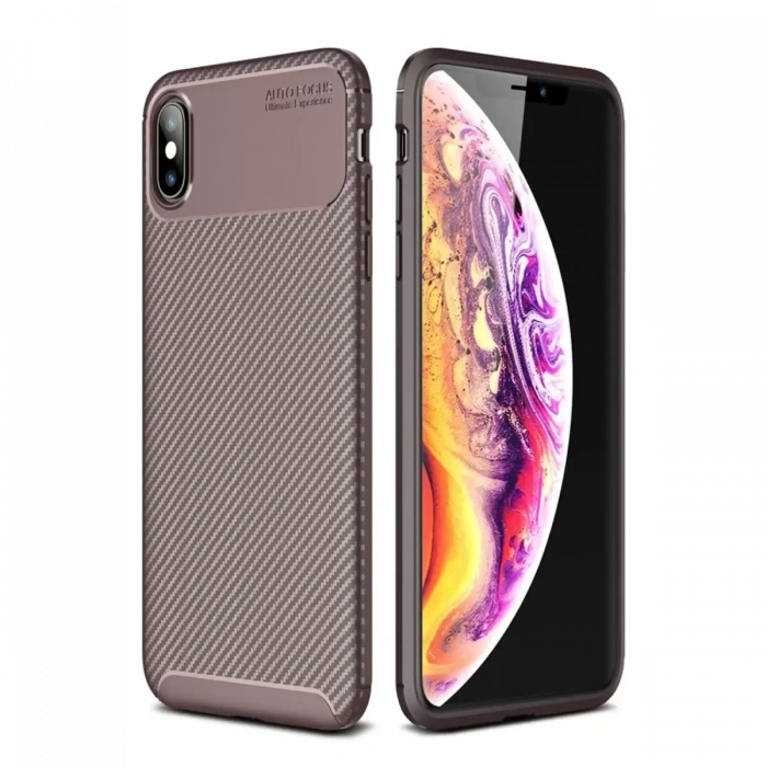 Apple iPhone XS Max Kılıf Auto Focus Karbon Kapak - Kahverengi