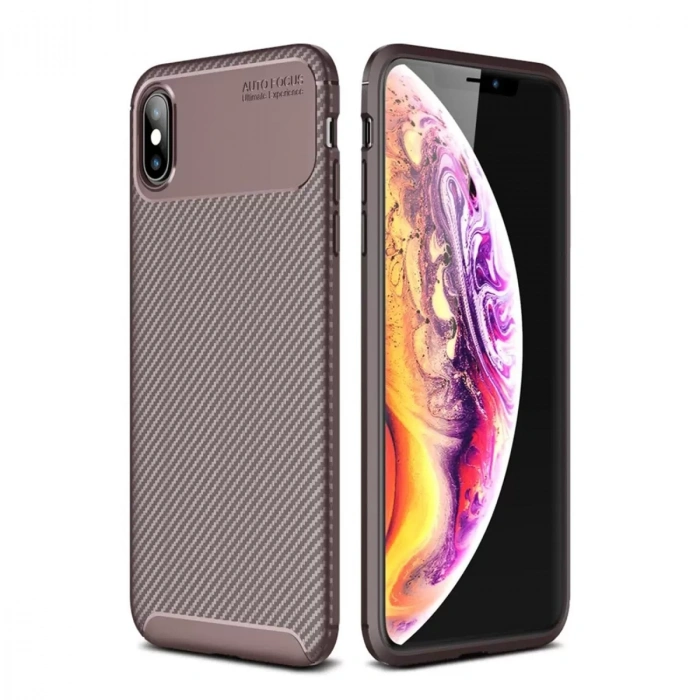 Apple iPhone XS Max Kılıf Auto Focus Karbon Kapak - Kahverengi