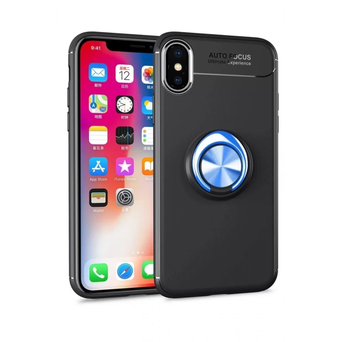 Apple iPhone XS Max Kılıf Range Yüzüklü Silikon - Siyah-Mavi