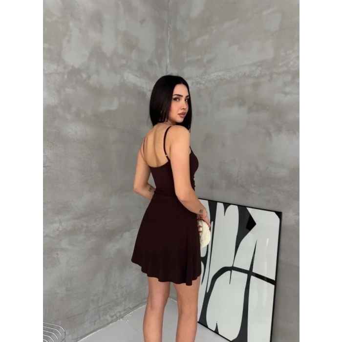 Askılı Şifon Mini Elbise Drapeli Bel Vücuda Oturan Yazlık Şık - Kahverengi