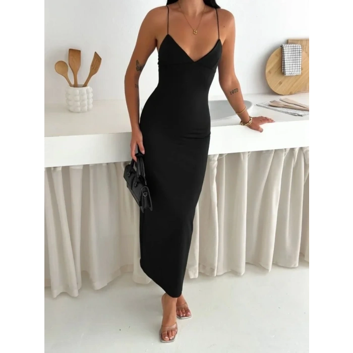 Askılı Uzun Elbise V Yaka Şık Gece Elbisesi Vücuda Oturan - Siyah