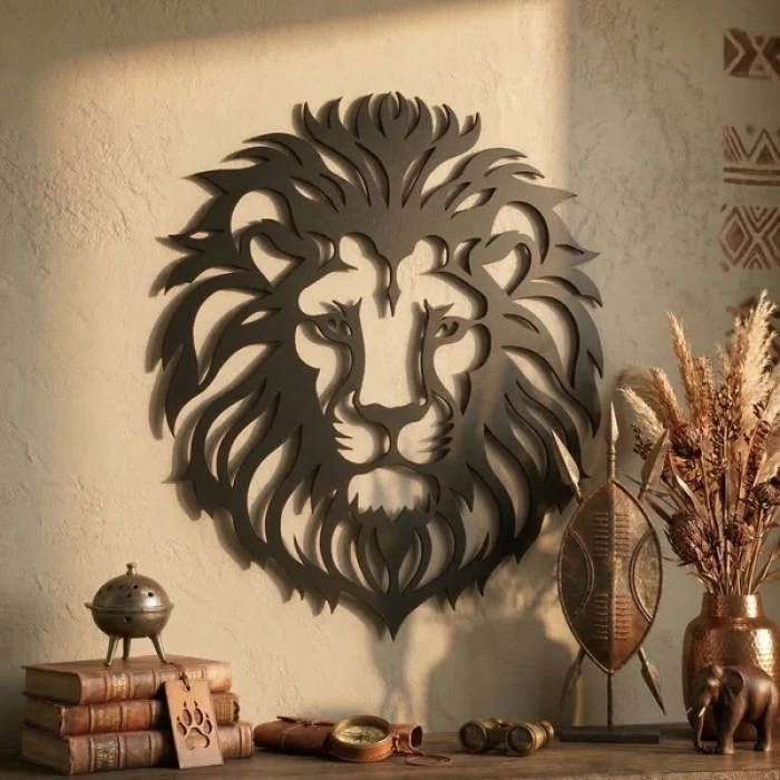Aslan Başı Duvar Tablosu MDF Lazer Kesim Modern Aslan Figürlü Duvar Süsü Güçlü Dekor