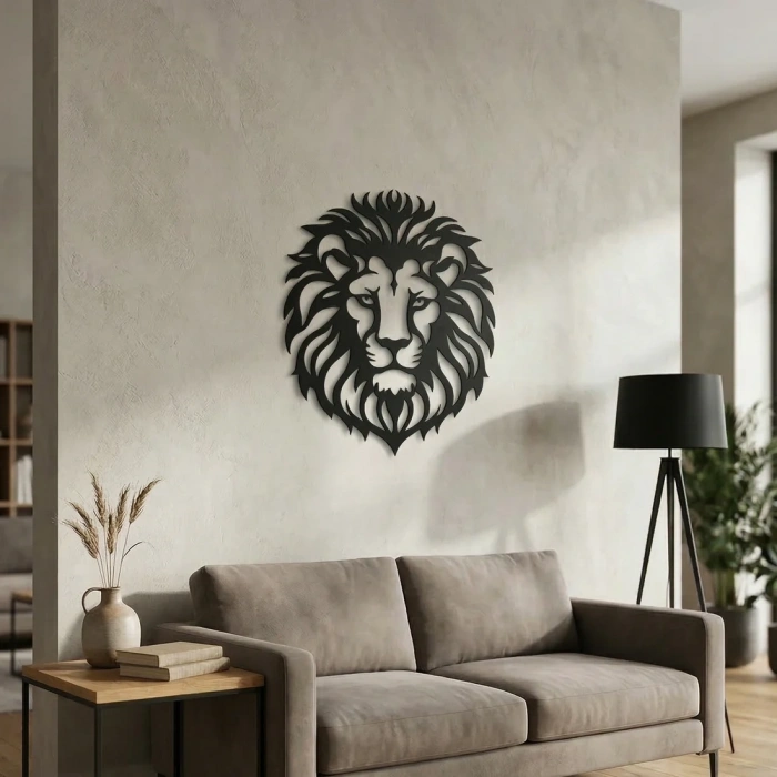 Aslan Başı Duvar Tablosu MDF Lazer Kesim Modern Aslan Figürlü Duvar Süsü Güçlü Dekor