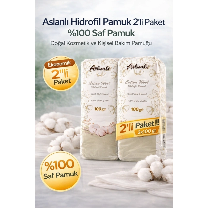 Aslanlı Hidrofil Pamuk 100 gr x 2 Adet %100 Saf Pamuk Kozmetik ve Kişisel Bakım Pamuğu