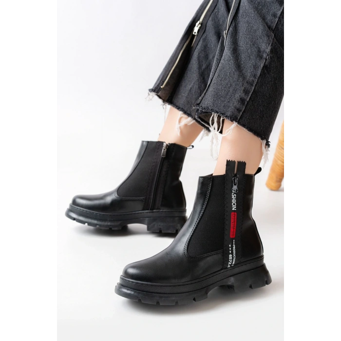 ASM-086 Siyah Fashion Aksesuarlı Fermuarlı Günlük Kadın Bot